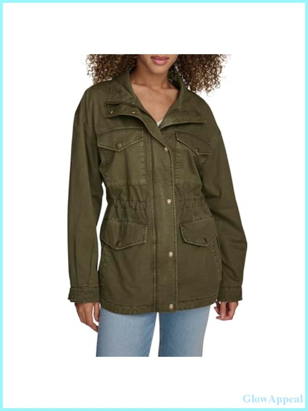 Women's Military Jacket Four Pocket Stand Collar Zip Snap Front Long Sleeve